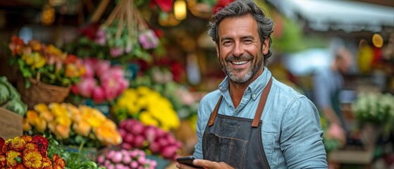 Happy businessman of Caucasian descent standing in an apron in a tiny floral centre, taking down order details and talking on his mobile.