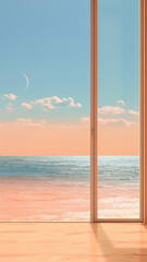 Peach Fuzz color minimalist house interior with ocean view