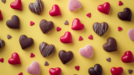 background for valentine with heart shaped chocolate candy on solid yellow background