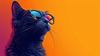 An orange-toned background surrounds a cool purple cat in a minimalist illustration. Idea for a modern, whimsical, and enjoyable feline design