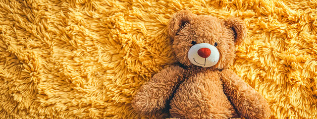  Top-down view of a cuddly teddy bear on a yellow shaggy carpet.