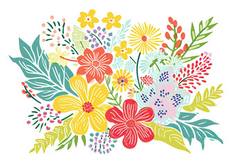 Fototapeta na wymiar Spring seasonal doodle holiday postcard, craft cheerful pastel retro design