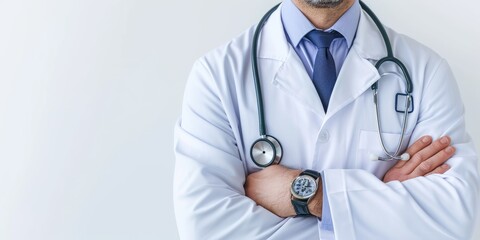 Close up shot of a male doctor with arms crossed, white background