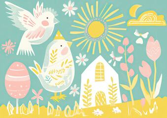 Easter seasonal linocut holiday postcard, craft cheerful pastel retro design