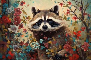 A colorful artwork featuring a raccoon amidst blooming branches. Generative AI