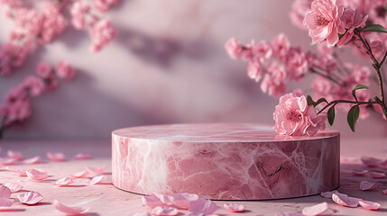 Stone marble podium display for product present. with rose blossoms blooming and petals, It's a scene element. - obrazy, fototapety, plakaty
