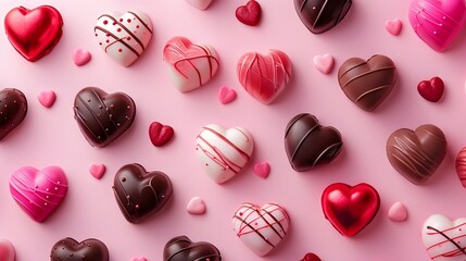 background for valentine with heart shaped chocolate candy on solid pink background