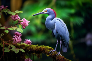 Obraz premium Little Blue Heron perched elegantly on a mossy branch surrounded by pink flowers. Nature concept