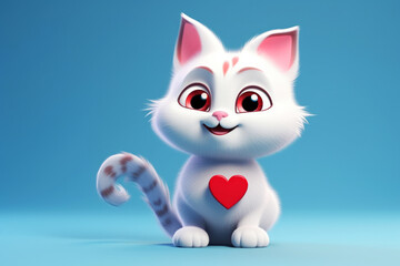 Adorable white kitten with large eyes and red heart shape mark on its chest sitting isolated on light blue background. Love concept