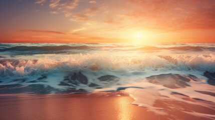 Fototapeta na wymiar Sunrise sky Peach Fuzz color over ocean waves, wild natural background