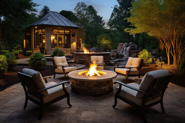 beautiful outdoor seating area, with several luxurious chairs arranged around a fire pit