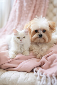 Charming pampered pets play side by side looking alert