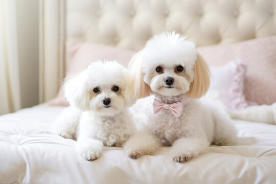 Charming pampered pets play side by side looking alert