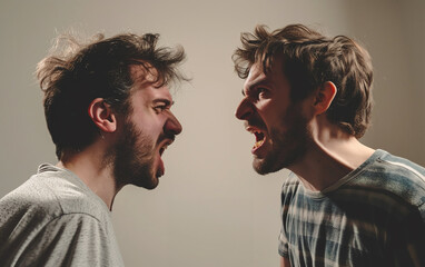 Closeup image of two men angry and argue.
