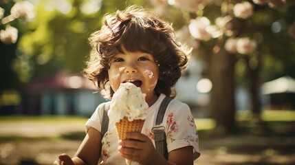 Laughing baby boy eating ice cream on a hot day. Ice cream in a waffle cone. A happy and contented child in the summer. - obrazy, fototapety, plakaty
