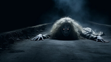 A sinnister ghost spirit crawling on the ground dark at night - obrazy, fototapety, plakaty