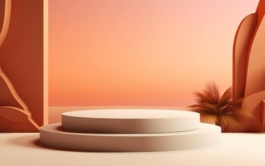 Trendy peach color stage. Abstract background, mock up scene with podium geometry shape for product display. AI Generative.