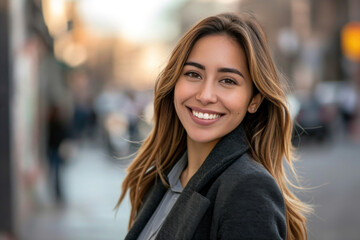 Portrait, street business and woman in the city for freelancer, commute and urban travel. Happy, confident and young female entrepreneur walking and smiling for exploration, leadership and corporate