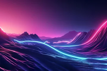 Fotobehang 3d rendering. Aesthetic minimalist wallpaper. Surreal landscape: rocky mountains and neon dynamic lines in motion. Flowing energy concept. Glowing trajectory path. Abstract futuristic background © Rana