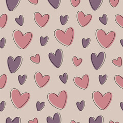 Seamless pattern with pink and purple hearts on an almond color background