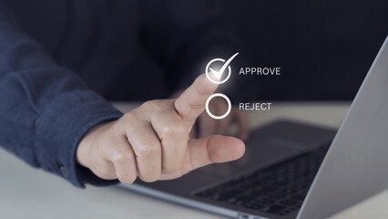Businessman hand touching to correct sign symbol mark on approve box for document approval and project acceptance concept.