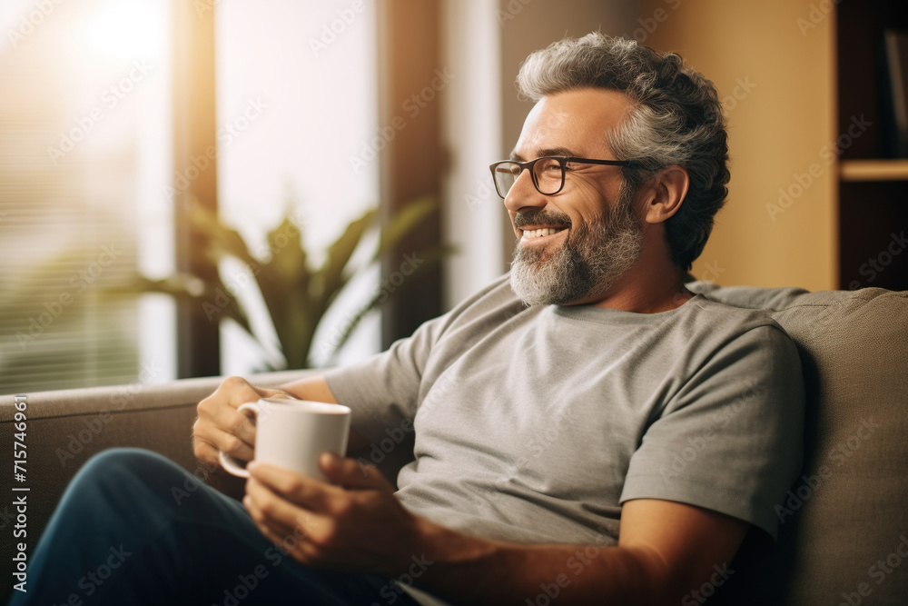 Poster man drinking coffee sitting on sofa at home