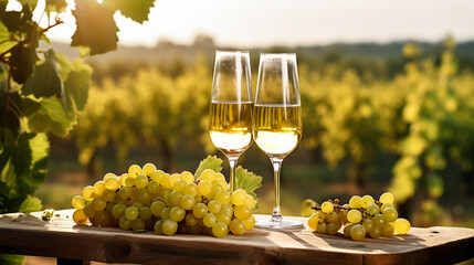 Glass of white wine, ripe grapes and bottle on table in vineyard