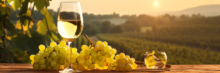 Glass of white wine, ripe grapes and bottle on table in vineyard - obrazy, fototapety, plakaty