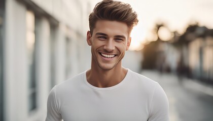 Fototapeta premium handsome young white american man model with perfect clean teeth laughing and smiling. isolated on white background