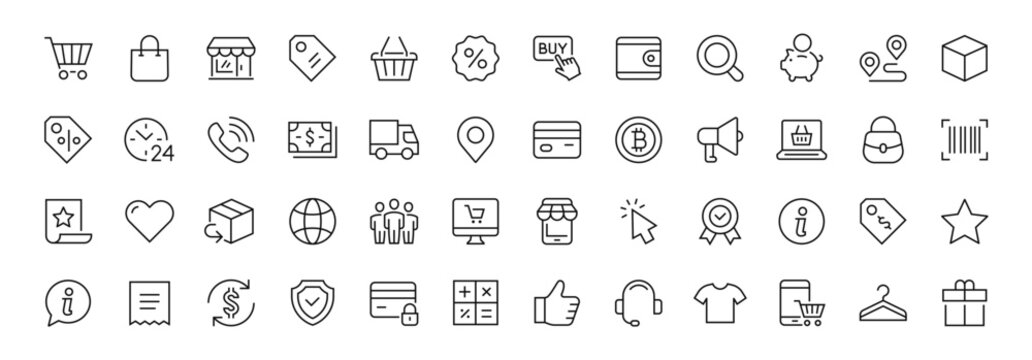 Shopping and e-commerce thin line icons set. Shop symbols. Vector