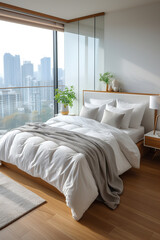 Obraz premium Modern apartment bedroom comfortable bed near window