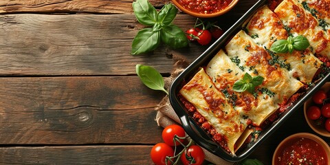 Italian pasta cannelloni , vegetarian option , Italian cuisine , balanced lunch , wallpaper , background. - obrazy, fototapety, plakaty