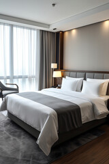 Modern luxury hotel room with comfortable bedding