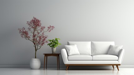 A living room with white walls and hardwood flooring, including a large green plant. Concept of minimalist design. Created with Generative AI