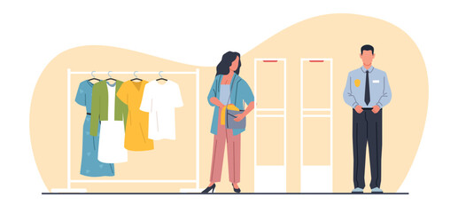 Woman steals things from store. Female character shoplifting in shop, Thief and security guard. Anti-theft sensor gate. Stealing clothes. Cartoon flat isolated vector kleptomania concept - obrazy, fototapety, plakaty