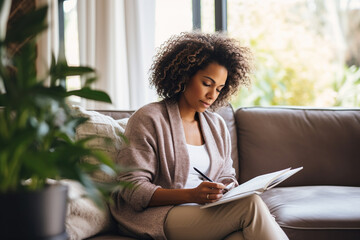Multiracial woman writing on personal journal sitting on couch at home. African American female writing notes with pen - obrazy, fototapety, plakaty