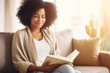 Pensive relaxed African American woman reading a book at home, drinking coffee sitting on the couch. Copy space