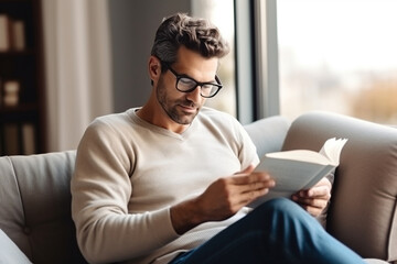 Pensive relaxed man reading a book at home, drinking coffee sitting on the couch. Copy space - Powered by Adobe