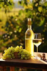 Glass of white wine, ripe grapes and bottle on table in vineyard