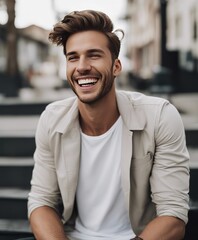 Fototapeta premium handsome young white american man model with perfect clean teeth laughing and smiling. isolated on white background