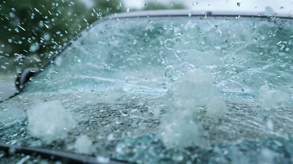 Hail damage to car in freeze motion during a thunderstorm. Car insurance