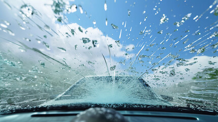 Hail damage to car in freeze motion during a thunderstorm. Car insurance