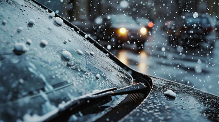 Car windshield being hammered by heavy hail storm in freeze motion. Car insurance