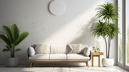 A living room with white walls and hardwood flooring, including a large green plant. Concept of minimalist design. Created with Generative AI