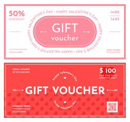 Valentine gift voucher. Romantic flyers templates, love holiday, pink and red discount coupons and certificates, customer reward bonus, shopping discount vector horizontal banners