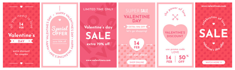 Valentine day sale banners. Love cards, holiday discounts, red hearts, romantic gifts vouchers, advertising shopping flyers, vertical background for social media stories, vector set