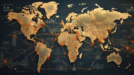 Images depict world maps with trade routes, currency symbols, or global economic statistics
