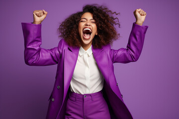 Overjoyed cheerful woman dressed stylish clothes celebrate success raise hands fists isolated on...