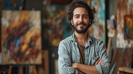 Portrait of a male artist in front of his painting with a big copy space, Generative AI. - obrazy, fototapety, plakaty