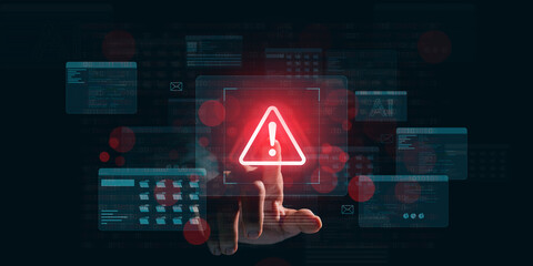 Warning alert icon with a hacked system. malicious software, virus, spyware, malware, or cyberattacks on computer networks. Security on the internet and online scam. Digital data is being compromised. - obrazy, fototapety, plakaty